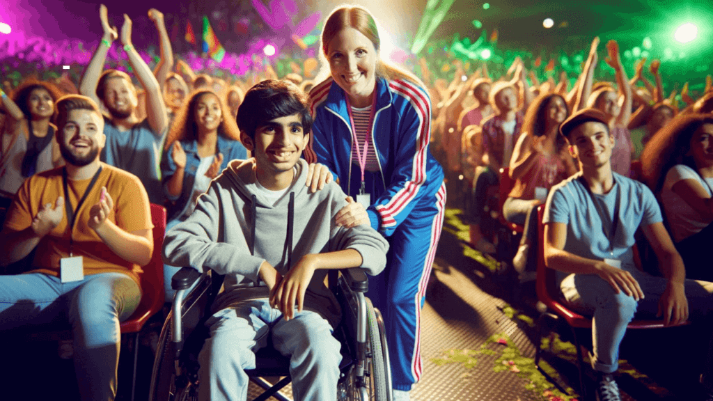 Boy in Wheelchair at a concert withe Serenity Care Services Australia's Support worker in Canberra