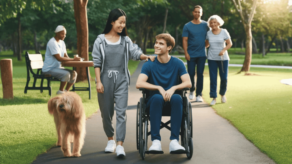 Boy in Wheelchair being walked in the park by a serenity care services Support worker in Canberra